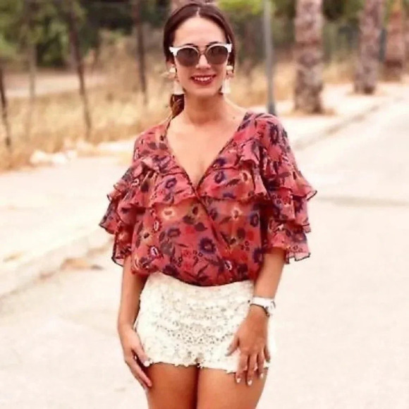 Zara Ruffle Floral Print Bodysuit Small - Picture 2 of 10